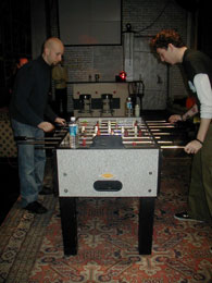 Dave and Mojo from the Supertones, having a blast backstage with Foosball